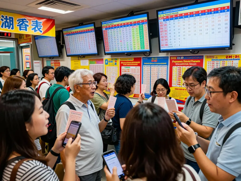 Suasana pusat lotere yang dinamis merayakan hasil HK Hari Ini, pencahayaan cerah dan peserta yang bersemangat memeriksa tiket.