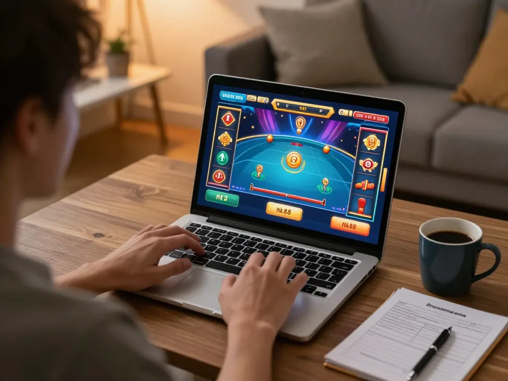 Player engaging in nk88 online casino game from home, showcasing a cozy gaming atmosphere.
