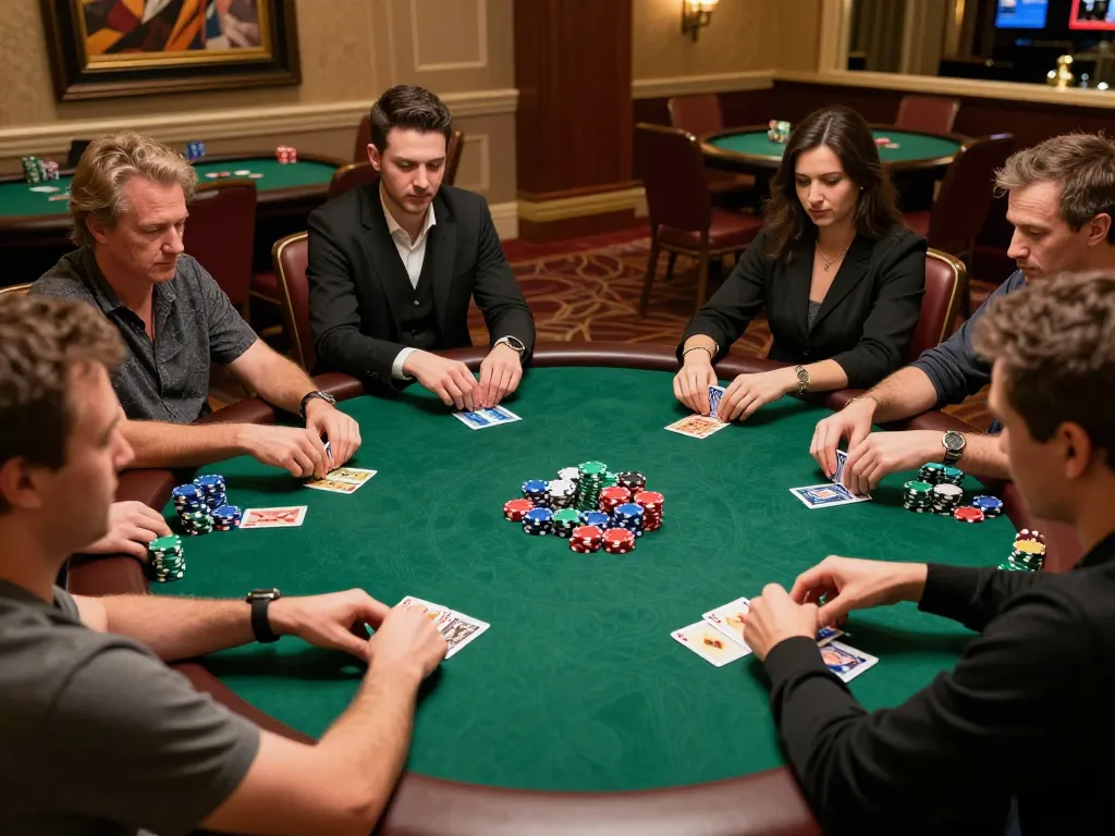 88xeng players engaging in a strategic poker game amid vibrant casino lighting