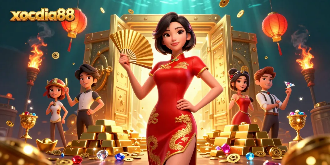 Xocdia88 players enjoy a vibrant casino scene with gold treasures and lively atmosphere.