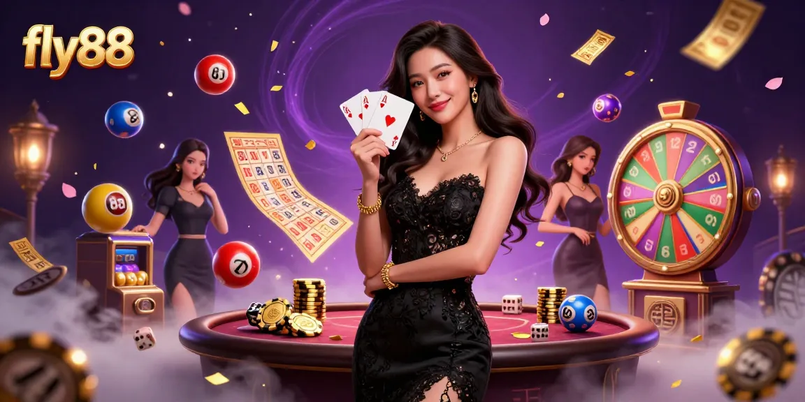 Experience thrilling gaming at fly88 with a graceful woman holding playing cards amid vibrant casino elements.