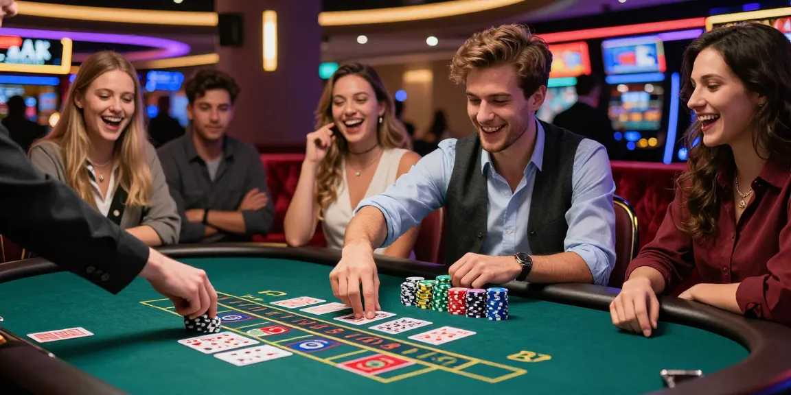 Baccarat game scene with players engaged, showcasing excitement and vibrant casino atmosphere.