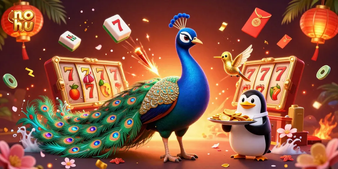 Engage in no hu slots with a vibrant scene featuring spinning reels, peacock, and luck symbols.