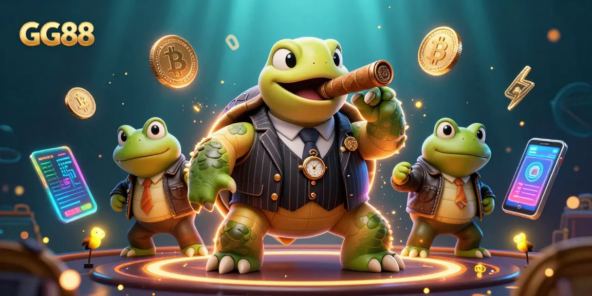 GG88 Casino showcasing a turtle mobster and frog enforcers amidst vibrant crypto elements, enhancing the gaming atmosphere.