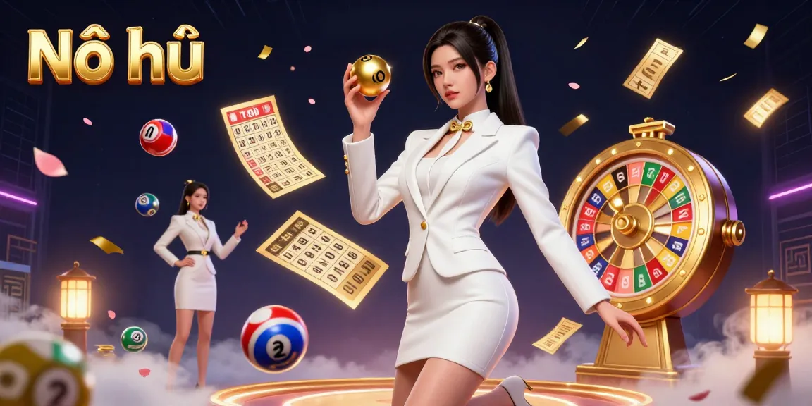 Nổ hũ jackpot game illustration, featuring an Asian woman holding a roulette ball amidst dynamic casino elements.