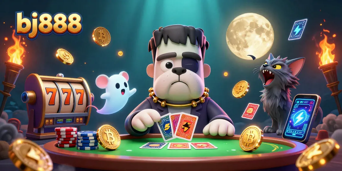 Experience the excitement of bj888 with a lively casino scene featuring unique characters and dynamic gaming elements.