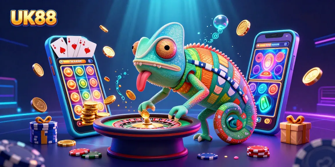 Players enjoy thrilling games at UK88, featuring dynamic colorful slot games and casino elements.