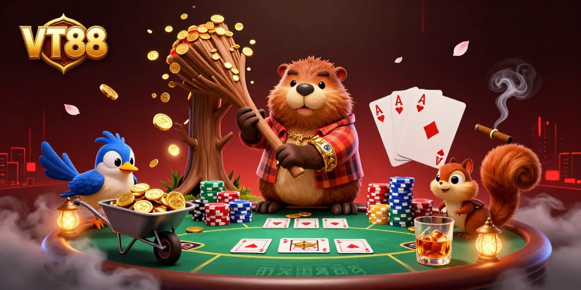 Chop and collect with VT88 as our beaver character coins rain from a tree in a vibrant casino scene.