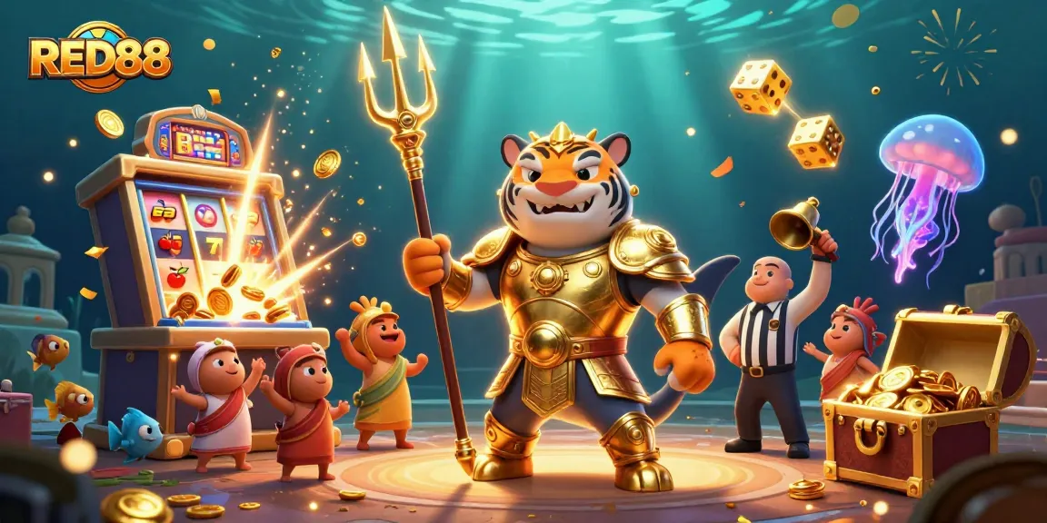 Spin to win big with RED88 at this thrilling underwater casino scene featuring slot machines and vibrant characters.
